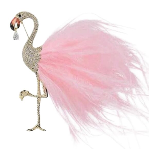 🧷🦩Flamingo Brooch in Gold-Tone Metal with Rhinestones and Pink Feathers! - Picture 1 of 4